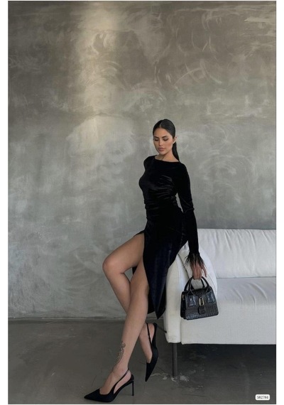 DefyModa Kadın Esnek Kadife Kumaş Degaje Yaka Yırtmaçlı Abiye Elbise Siyah