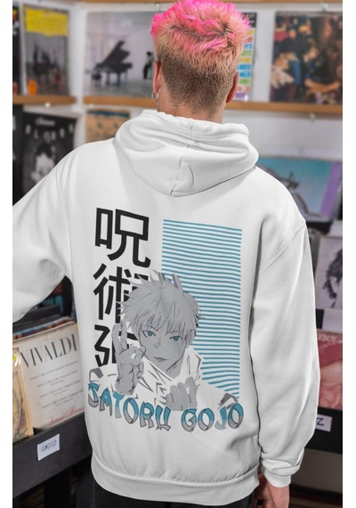 Sevbano Gojo Satoru Jujutsu Kaisen Anime Sırt Baskılı Unisex Oversize Pen beyaz