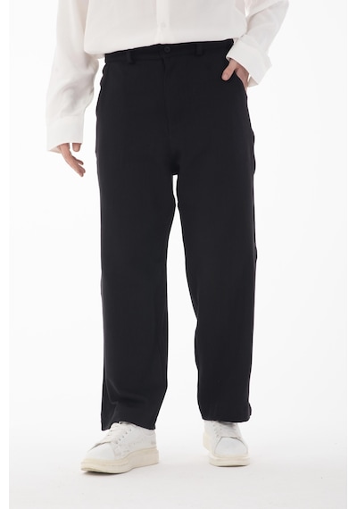 Rocqerx R-4415 Kemer Detaylı Keten Baggy Pantolon Siyah