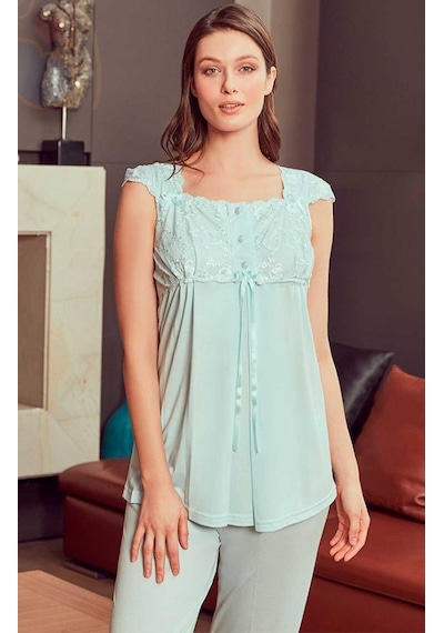 Bone Club 4906 Turkuaz Hamile Lohusa 3 Lü Dantel Kollu Pijama Sabahlık