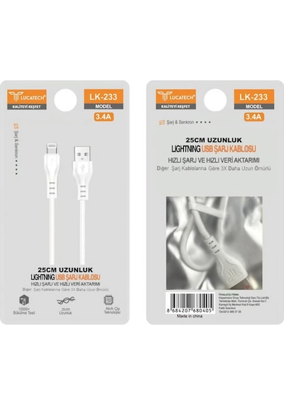 Lucatech Lk-233 Apple Uyumlu iPhone Usb Şarj Kablosu 25cm 20w 3.4a