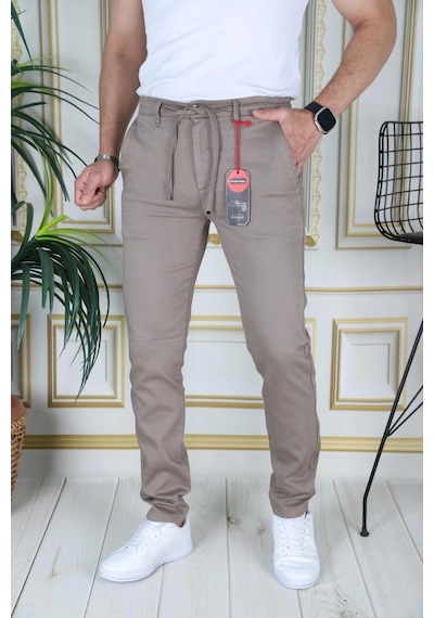 Phantom Jeans Erkek Kahve Slim Fit Esnek Likralı Armürlü Keten Pantolon Bağcıklı Kemerli Beli Lastikli Şık Pantolo Sütlü Kahve