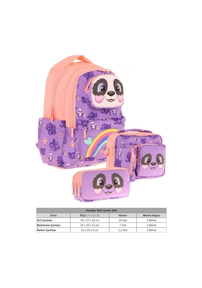 Kaukko Kids 3d Panda Şekilli Kız Çocuk Üçlü Okul Çantası Seti/takımı - Mor Somon L5233+l7233+l8233 Mor
