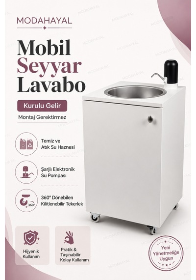 Mobil Lavabo Seyyar Lavabo Yeni Yönetmeliğe Uygun Model Şarjlı Elektronik Musluklu Çift Su Hazneli 360 Tekerlekli Paslanmaz Evyeli Beyaz