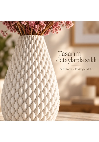 Kabartma Desenli Dekoratif Vazo 20 Cm Modern Tasarım Krem