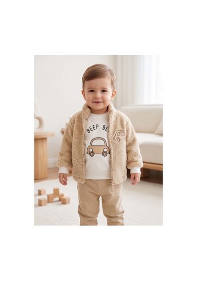 Deniva Kids Beep Beep Baskılı 3'lü Takım - Yumuşacık Sherpa Ceket Ve Eşofman Altı Ekru