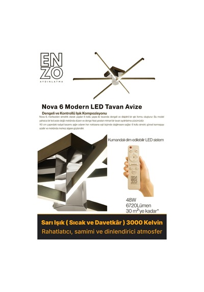 Nova 6 Silver Led Tavan Avize Kumandalı Dim Edilir Aşağı Işık Sarı Işık
