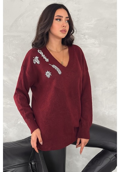 Femelle Kadın Bordo Standart Beden Taş İşlemeli Oversize Triko Kazak