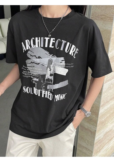 Architecture Süprem T-shirt - Siyah Baskılı Oversize Bisiklet Yaka Kısa Kol Tişört Siyah