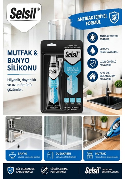 Selsil Antibakteriyel Mutfak Banyo Silikonu Suya Dayanıklı Duşakabin Lavabo Tezgah Silikonu Şeffaf