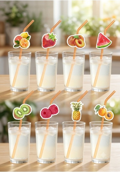 12 Li Meyve Figürlü Cupcake Kürdan Süsü Ve 12 Li Parti Pipeti Seti Bej
