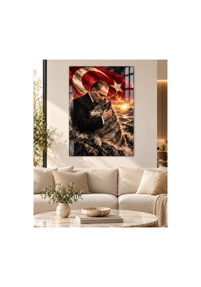 Atatürk, Bozkurt Ve Türk Bayrağı Dağ Manzaralı Temperli Cam Tablo