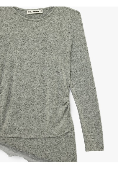 Koton Slim Fit Uzun Kollu Viskon Karışımlı Dantel Detaylı Asimetrik Tişört Gri 6sal10387ık Gri