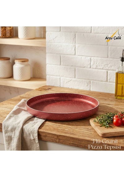 3lü Granit Pizza Tepsisi Seti - Kırmızı Kırmızı
