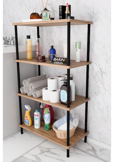 Çevir Kur Kolay Kurulum 4 Katlı Banyo Rafı Metal Gövdeli Çok Amaçlı Organizer Stand Banyo Dolabı Atlantik Çam