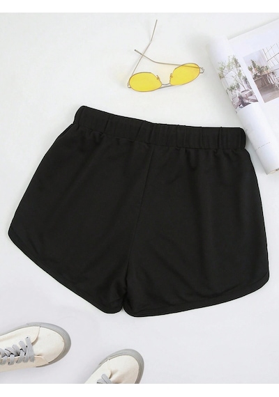 Letter Graphic Drawstring Waist Track Şort Siyah