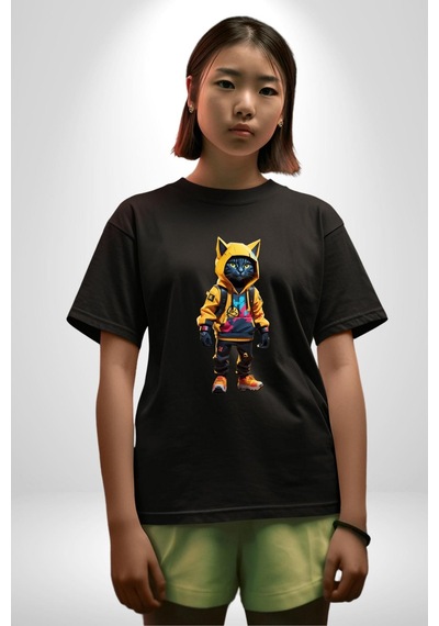 Spor Eşofman Takımı Sarı Kedi İnsan Pamuklu Bisiklet Yaka Unisex Oversize Boyfriend Dijital Baskılı Siyah T-shirt Siyah