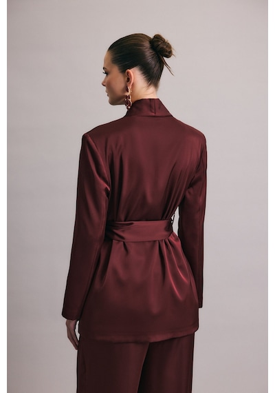 Sateen Kuşaklı Saten Ceket - Bordo-137007 Bordo