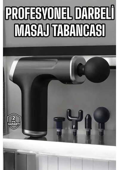 Masaj Tabancası 4 Başlıklı Kas Ve Vücut Hassasiyetları İçin Şarjlı Darbeli Düz Renkli