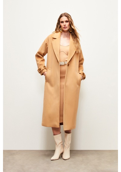 Sateen Kol Kemer Detaylı Salaş Kaban - Camel-133685 Camel