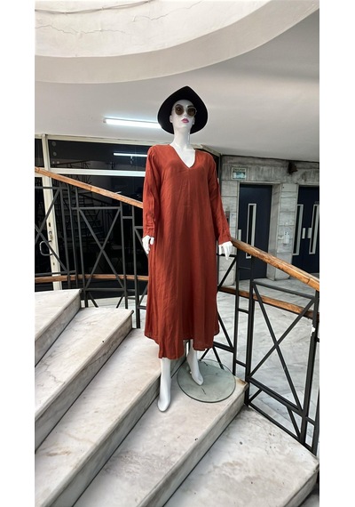 Bohem Stil İtalyan V Yaka Uzun Kol Keten Elbise-8907 Tarçın Bohem Stil İtalyan V Yaka Uzun Kol Keten Elbise-8907 Tarçın