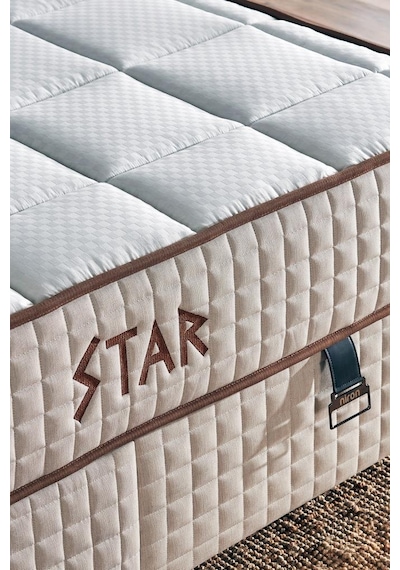 Star Yatak Seti 150x200 Cm Çift Kişilik Yaylı Sert Ortopedik Yatak Krem Keten Lüks Baza Başlık Takım