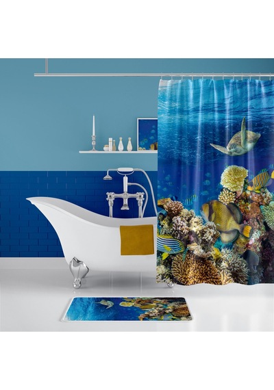 Zethome Aquarium Banyo Paspas ve Tek Kanat Duş Perdesi 1x180x200 Mavi