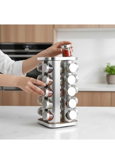 Li Ahşap Detaylı Döner Baharatlık Seti Paslanmaz Çelik Gövde Cam Kavanozlu 360 Döner Stand Kare Tasarım Modern M Diğer