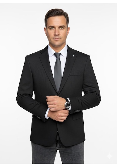 Plus Scorpion Erkek Bej Slim Fit Blazer Ceket Çizgili Dokulu Kumaş Çift Düğmeli Siyah