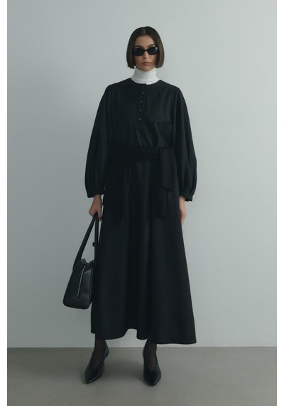 Suud Collection Siyah Kaia Düğmeli Maxi Elbise