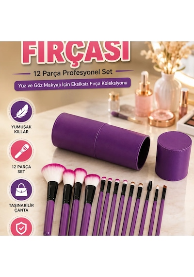 12 Parça Makyaj Fırça Seti Yumuşak Uçlu Göz Makyaj Fırçaları Taşınabilir Çantalı