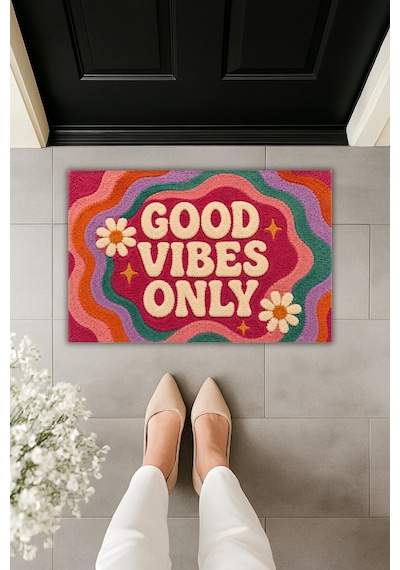 Rugmood Good Vibes Only Boho Retro Dekoratif Kapı Önü Paspası 70x45 Cm Çok Renkli