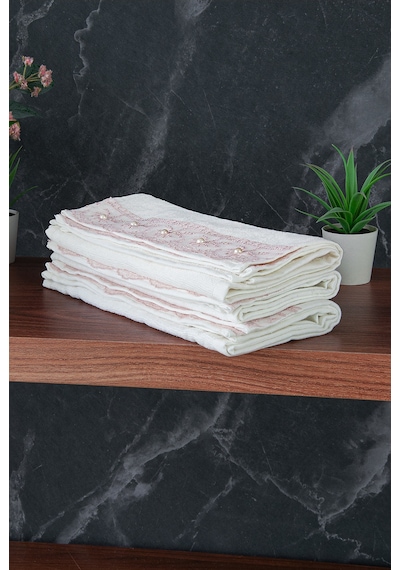 % 100 Pamuklu Kadife Güpürlü İnci Işlemeli 6 Lı Çeyizlik El Yüz Havlu Seti - 30x50 Cm - 04466 - Pembe Pembe