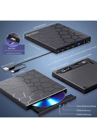 Monozone Harici Cd Dvd Yazıcı Okuyucu Usb 3.0 + Type-c 8 Si 1 Arada Çoklayıcı Hub Sd/tf Kart Destekli