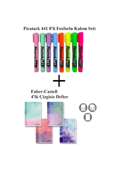 Picatack 441 Fosforlu Kalem 8'li Set + Karton Kapak Dik A5 Watercolors 4'lü Çizgisiz Defter Çok Renkli