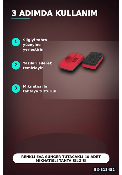 Renkli Eva Sünger Tutacaklı 40 Adet Mıknatıslı Tahta Silgisi - Sınıf Kullanımına Uygun Bx-313452 Çok Renkli