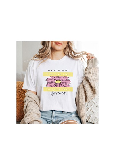 Herkesemoda Always Be Happy Baskı Detaylı Basic T-shirt Beyaz