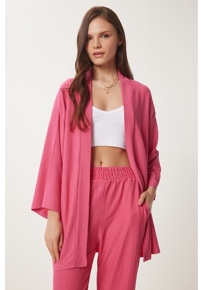 Happiness İstanbul Kadın Koyu Pembe Kimono Pantolon Örme Takımı By00050 Koyu Pembe