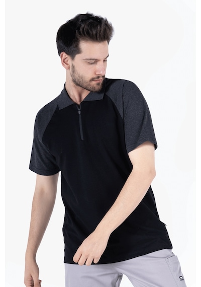 Polo Yaka Fermuarlı T-shirt Siyah - Antrasit Gri Siyah