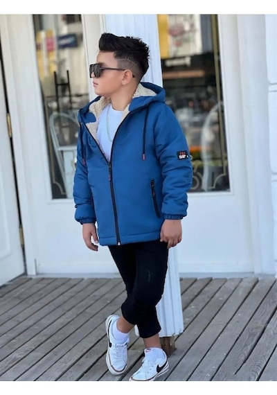 Pina Kids Erkek Çocuk Kürklü Çıkarılabilir Kapüşonlu Oversize Kışlık Mont Km4030 Saks
