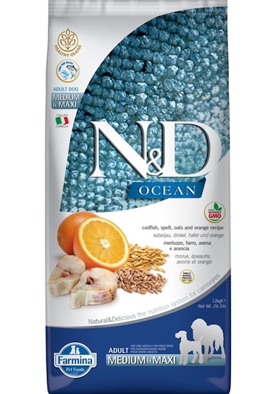 N&D Ocean Morina Balıklı ve Portakallı Düşük Tahıllı Orta ve Büyük Irk Yetişkin Köpek Maması 12 KG