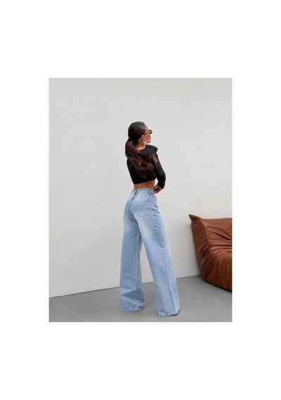 Kene Jeans Kadın Wide Leg Yüksek Bel Bol Paça Kot/denim Palazzo Pantolon Buz Kar