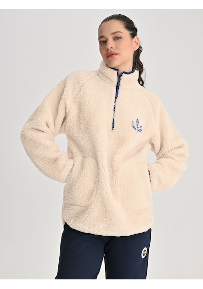 Fenerbahçe Ekru Trend Biye Detaylı Peluş Kadın Oversize Sweatshirt
