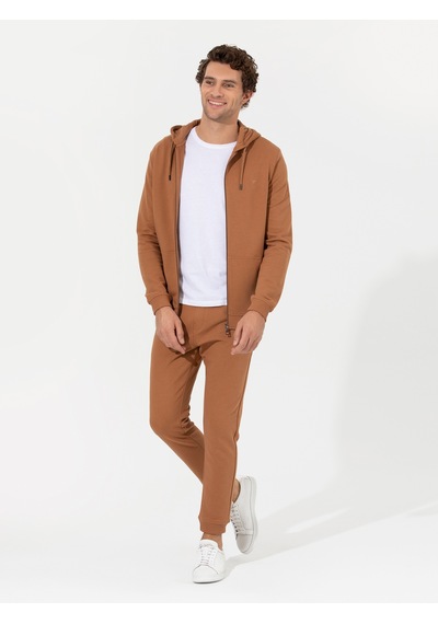 Camel %100 Pamuk Tam Fermuarlı Kapüşonlu Sweatshirt Kahverengi