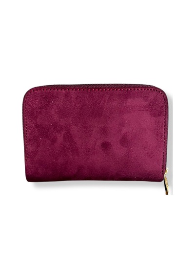 Me-vo Kadın Süet Mini Cüzdan, Fermuarlı, Bordo, 8 Kartlık, Metal Düğmeli Bordo