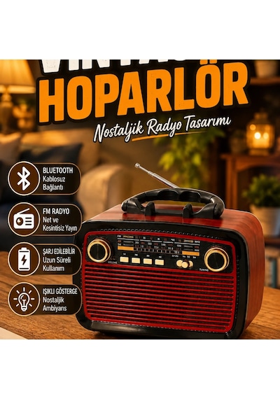 Vintage Ahşap Görünümlü Bluetooth Hoparlör Işıklı Nostaljik Fm Radyo