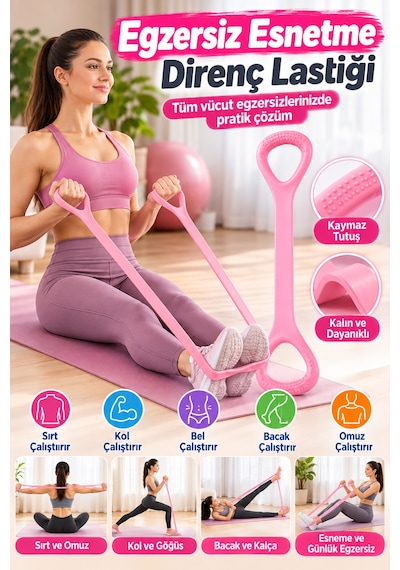 Egzersiz Esnetme Direnç Lastiği 8 Şekilli Pilates Yoga Fitness Kol Bacak Omuz Çalışma Bandı Ev Sporu Çok Renkli