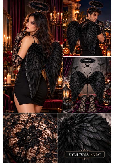 Halloween Siyah 80x70 Melek Kanadı Haleli Melek Tacı Uzun Dantel Eldiven 3'lü Kostüm Seti Cadılar Bayramı