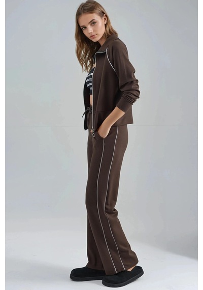 Fiolin Modal Dokulu Fermuarlı Sweatshirt & Pantolon İkili Takım Kahve Rengi