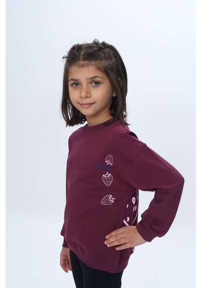 Kız Çocuk Relax Fit Bisiklet Yaka Düşük Omuz Baskılı Sweatshirt Mor